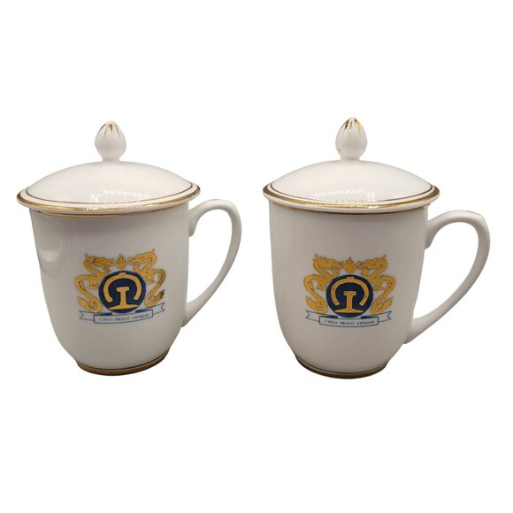 China Orient Express Tea Cups with Lids Porcelain Gold Gilt Dragons Souvenir - Picture 1 of 10